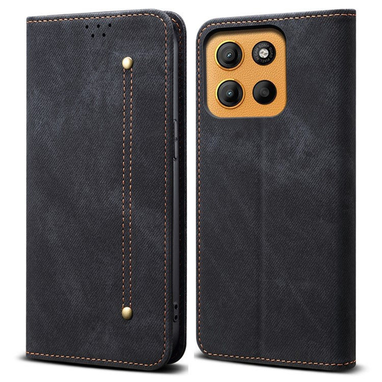 For Motorola Moto G15 4G Case Jeans Cloth Texture Anti-Scratch Leather Stand Phone Cover - Black