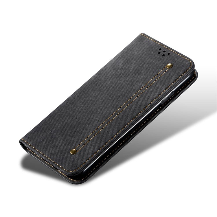 For Motorola Moto G15 4G Case Jeans Cloth Texture Anti-Scratch Leather Stand Phone Cover - Black