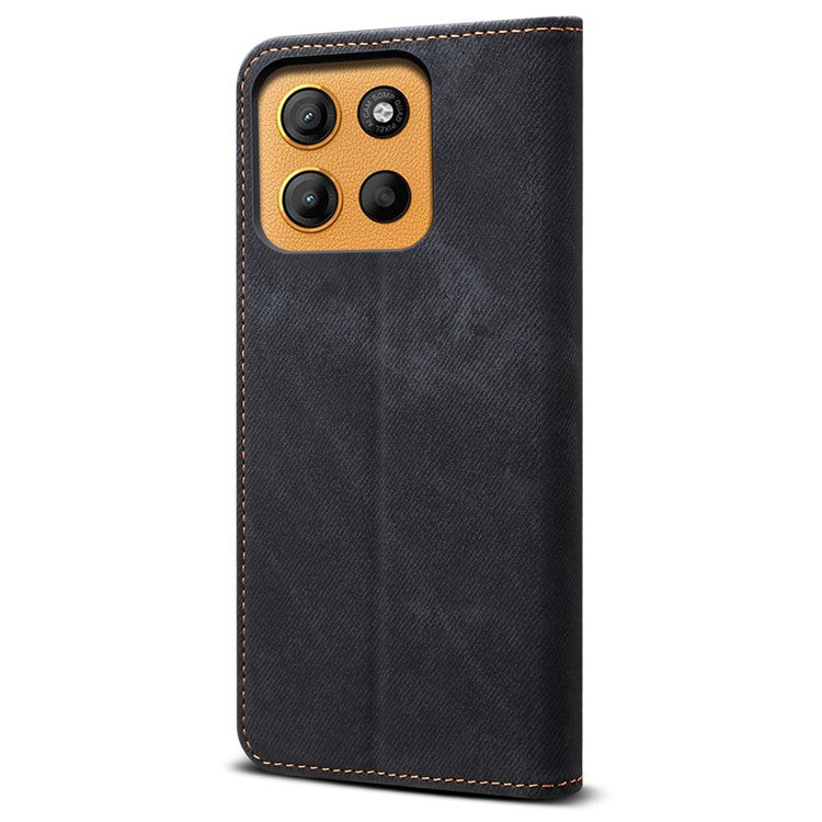 For Motorola Moto G15 4G Case Jeans Cloth Texture Anti-Scratch Leather Stand Phone Cover - Black