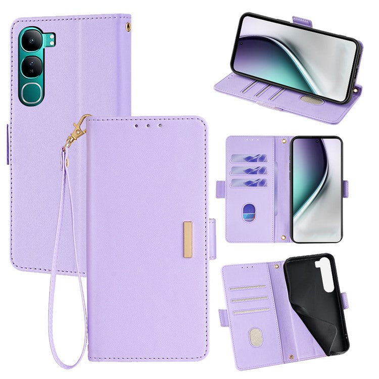 For vivo Y300 5G Leather Wallet Case RFID Blocking Stand Cover with Hand Strap - Purple