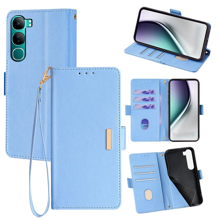 For vivo Y300 5G Leather Wallet Case RFID Blocking Stand Cover with Hand Strap - Blue