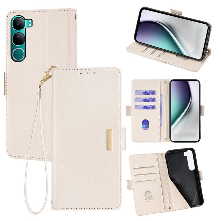 For vivo Y300 5G Leather Wallet Case RFID Blocking Stand Cover with Hand Strap - White