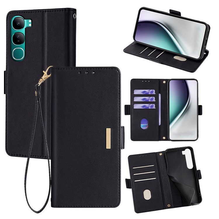 For vivo Y300 5G Leather Wallet Case RFID Blocking Stand Cover with Hand Strap - Black