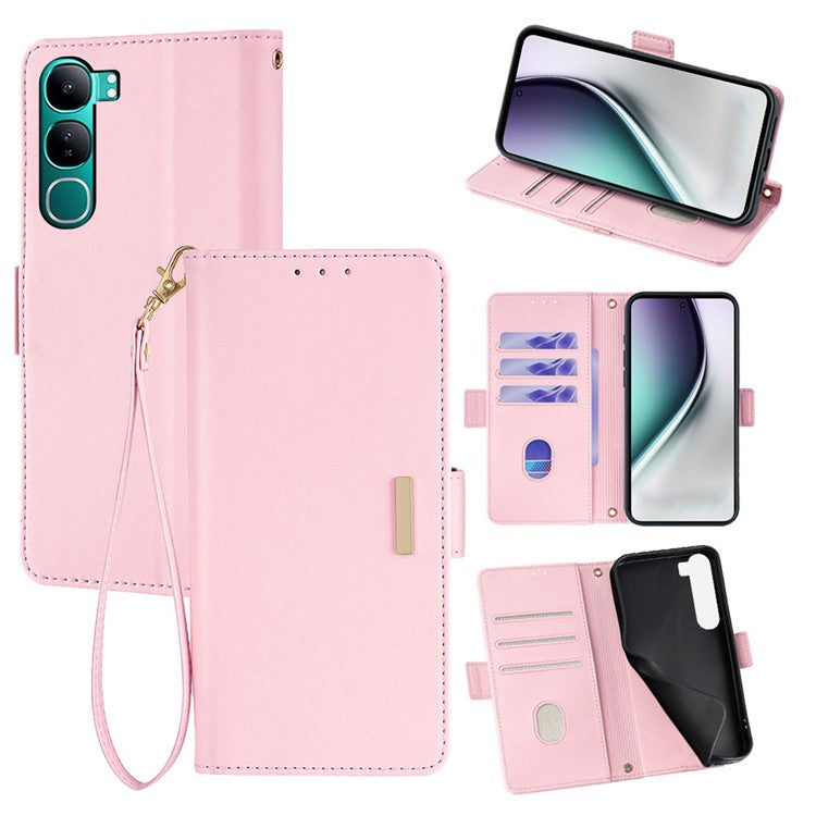 For vivo Y300 5G Leather Wallet Case RFID Blocking Stand Cover with Hand Strap - Pink