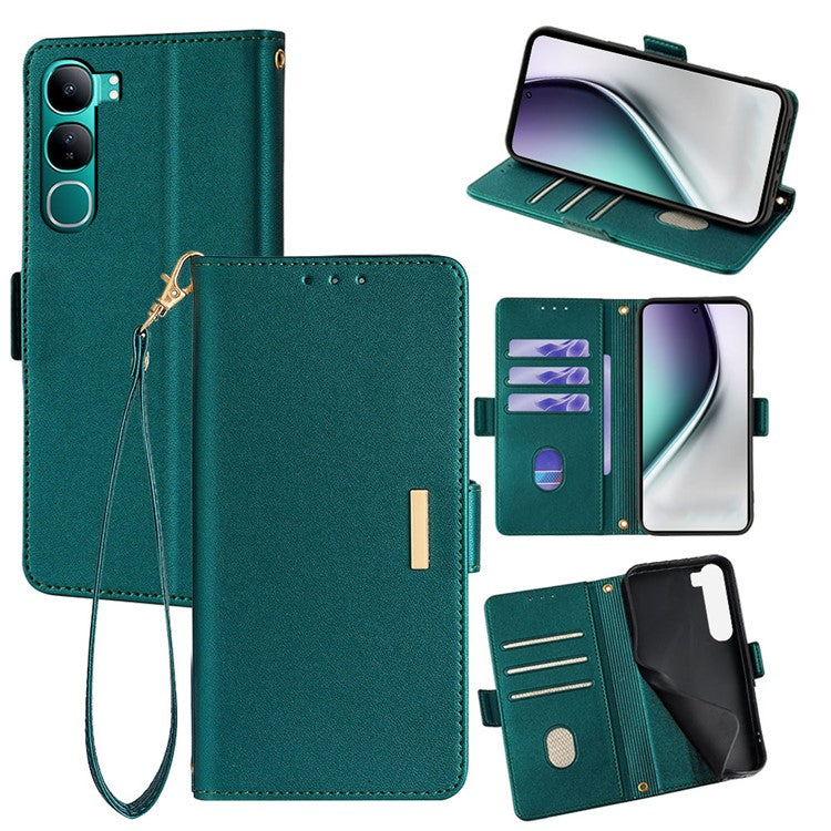 For vivo Y300 5G Leather Wallet Case RFID Blocking Stand Cover with Hand Strap - Green