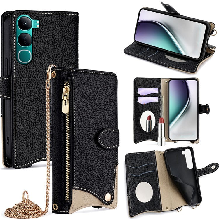 For vivo Y300 5G Leather Case Wallet Stand Cover Irregular Tail Style with Chain Strap - Black