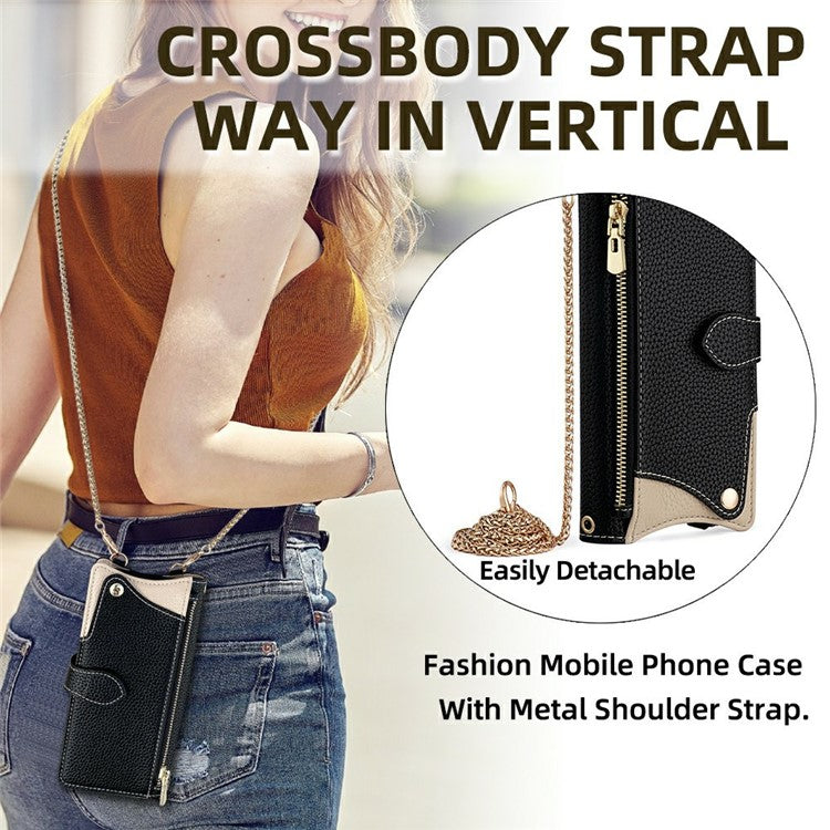 For vivo Y300 5G Leather Case Wallet Stand Cover Irregular Tail Style with Chain Strap - Black