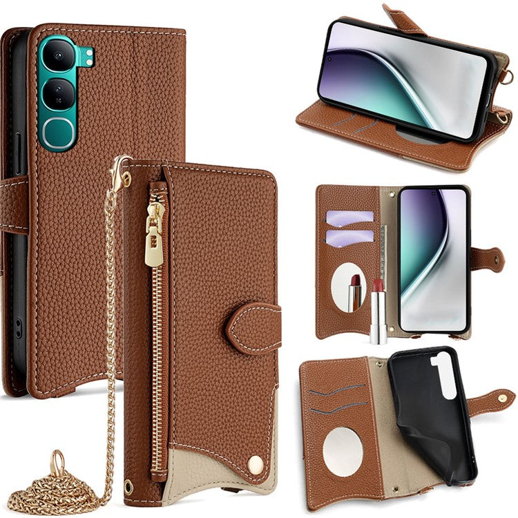 For vivo Y300 5G Leather Case Wallet Stand Cover Irregular Tail Style with Chain Strap - Brown