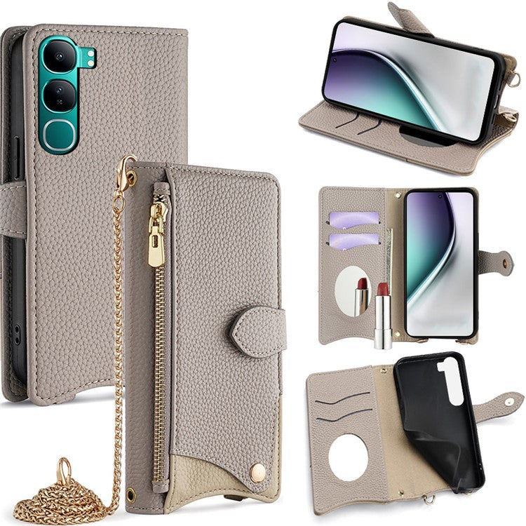 For vivo Y300 5G Leather Case Wallet Stand Cover Irregular Tail Style with Chain Strap - Grey