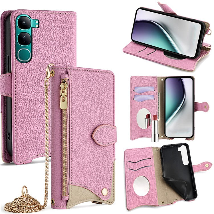 For vivo Y300 5G Leather Case Wallet Stand Cover Irregular Tail Style with Chain Strap - Pink