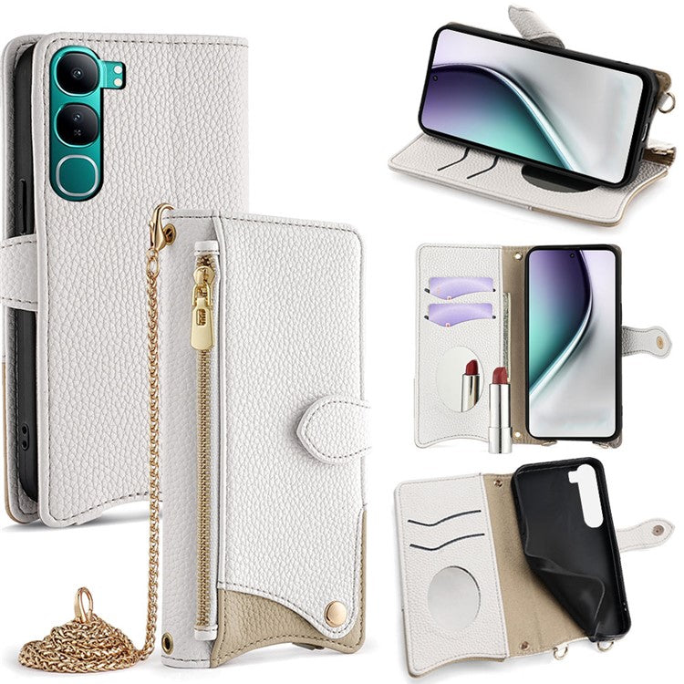 For vivo Y300 5G Leather Case Wallet Stand Cover Irregular Tail Style with Chain Strap - White