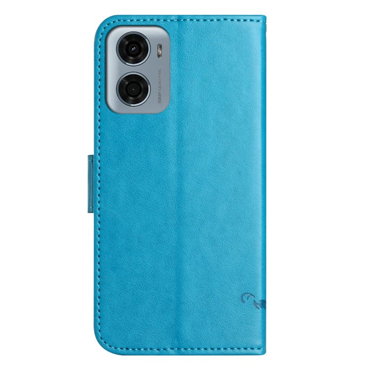 For Motorola Moto E15 4G  /  G05 4G Case Wallet Stand Imprinted Butterfly Flower PU Leather Phone Cover - Blue