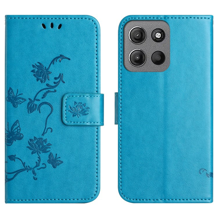 For Motorola Moto G15 4G  /  G15 Power 4G Case Wallet Stand Imprinted Butterfly Flower PU Leather Phone Cover - Blue