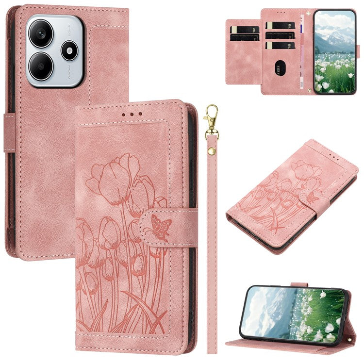 For Xiaomi Redmi Note 14 5G Tulip Leather Case Phone Cover with 5 Card Slots Wallet - Pink