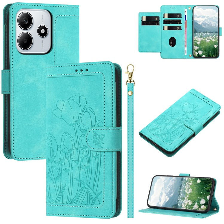 For Xiaomi Redmi Note 14 5G Tulip Leather Case Phone Cover with 5 Card Slots Wallet - Green