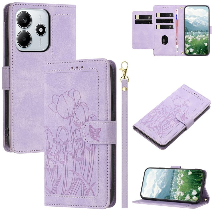 For Xiaomi Redmi Note 14 5G Tulip Leather Case Phone Cover with 5 Card Slots Wallet - Purple