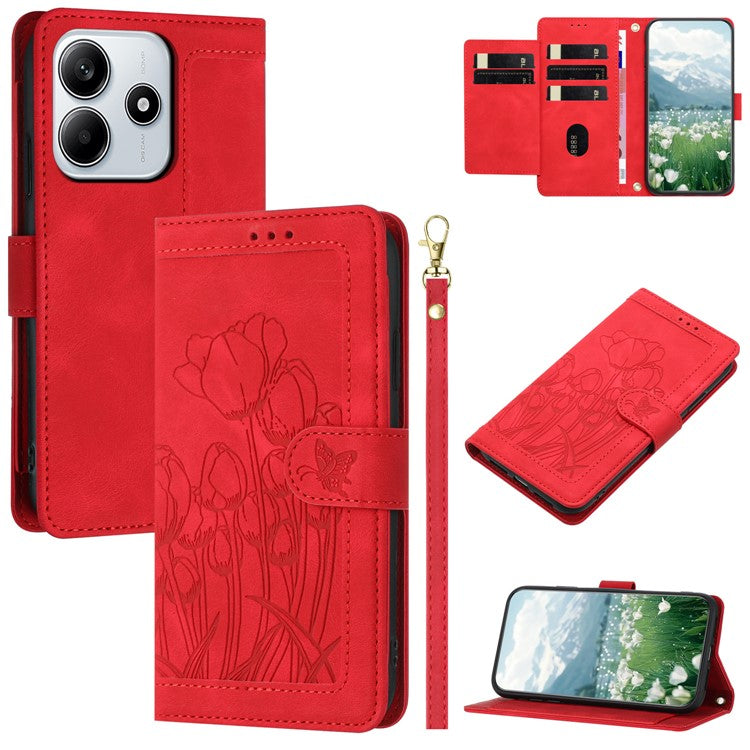 For Xiaomi Redmi Note 14 5G Tulip Leather Case Phone Cover with 5 Card Slots Wallet - Red