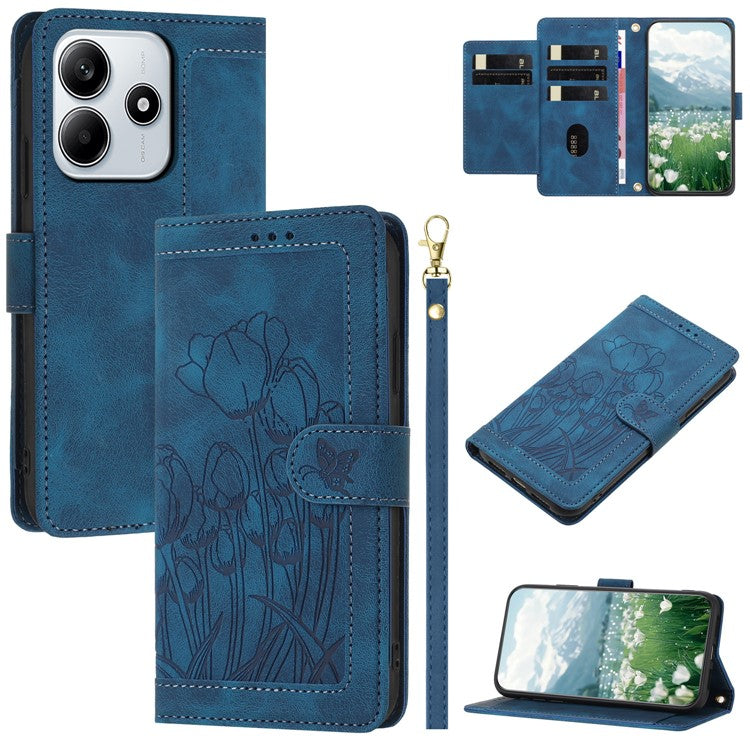 For Xiaomi Redmi Note 14 5G Tulip Leather Case Phone Cover with 5 Card Slots Wallet - Blue