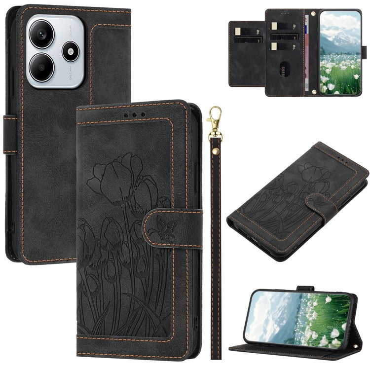 For Xiaomi Redmi Note 14 5G Tulip Leather Case Phone Cover with 5 Card Slots Wallet - Black