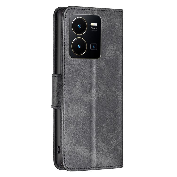 BF Leather Series-4 Textured Cell Phone Case for vivo Y35 4G (2022) / Y22 4G, PU Leather Stand Magnetic Phone Cover - Black