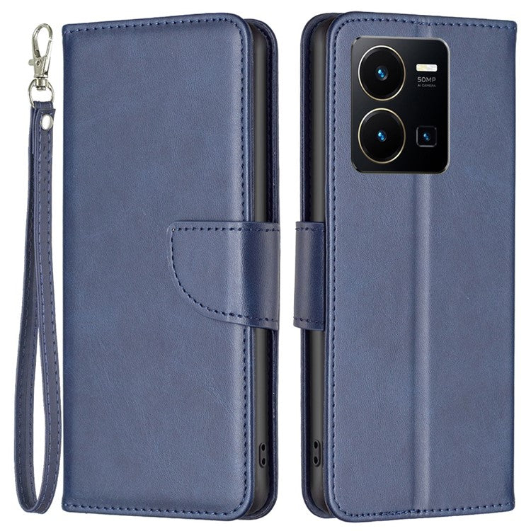 BF Leather Series-4 Textured Cell Phone Case for vivo Y35 4G (2022) / Y22 4G, PU Leather Stand Magnetic Phone Cover - Blue