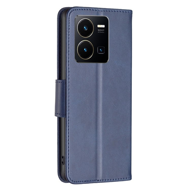 BF Leather Series-4 Textured Cell Phone Case for vivo Y35 4G (2022) / Y22 4G, PU Leather Stand Magnetic Phone Cover - Blue