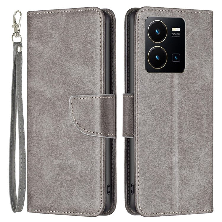 BF Leather Series-4 Textured Cell Phone Case for vivo Y35 4G (2022) / Y22 4G, PU Leather Stand Magnetic Phone Cover - Grey