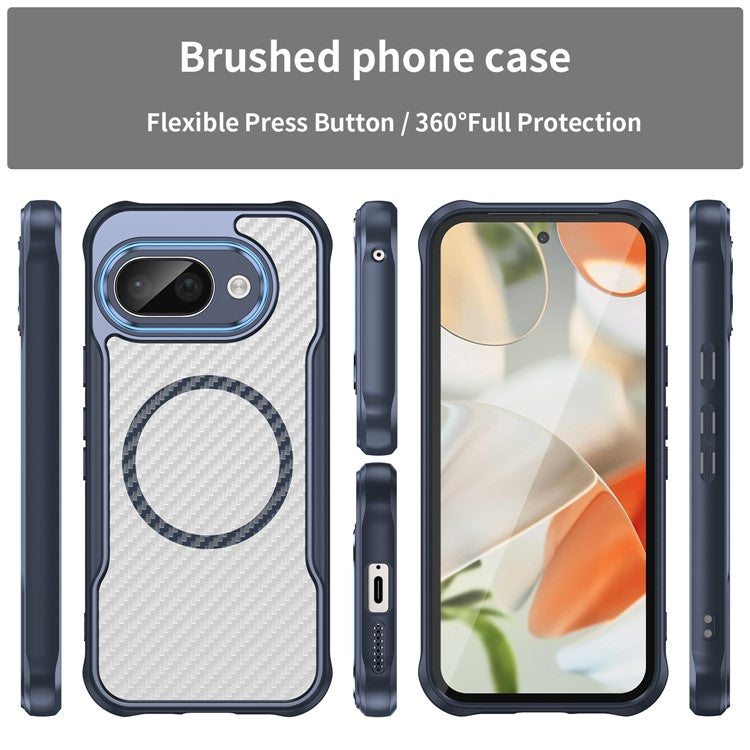 For Google Pixel 9a Case Compatible with MagSafe Hybrid Phone Cover Carbon Fiber - Blue