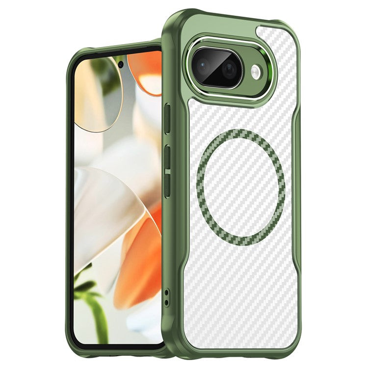 For Google Pixel 9a Case Compatible with MagSafe Hybrid Phone Cover Carbon Fiber - Green