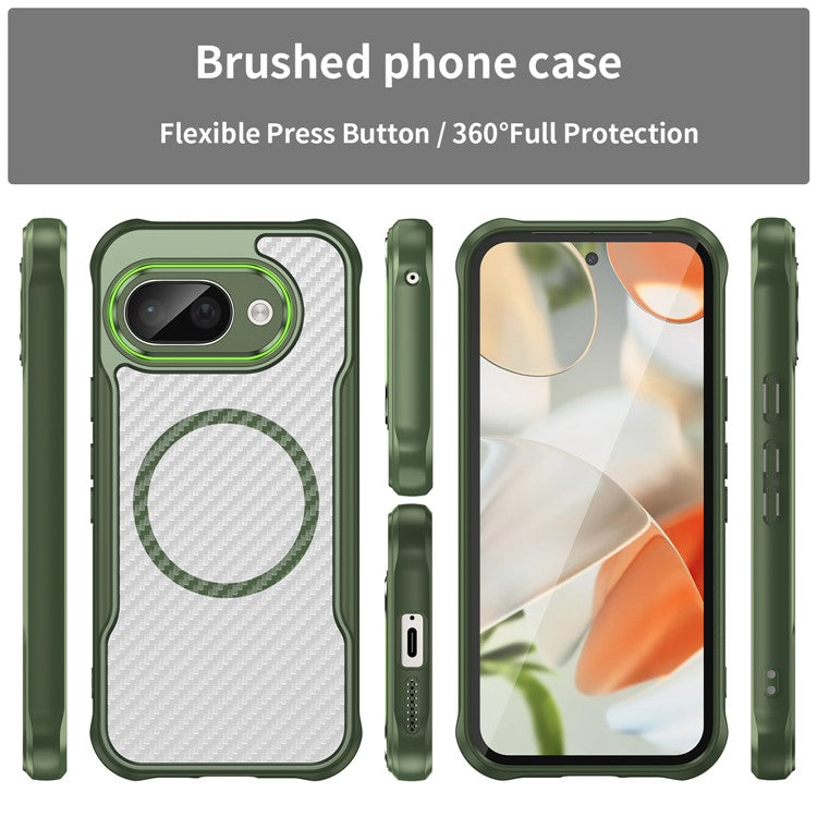 For Google Pixel 9a Case Compatible with MagSafe Hybrid Phone Cover Carbon Fiber - Green