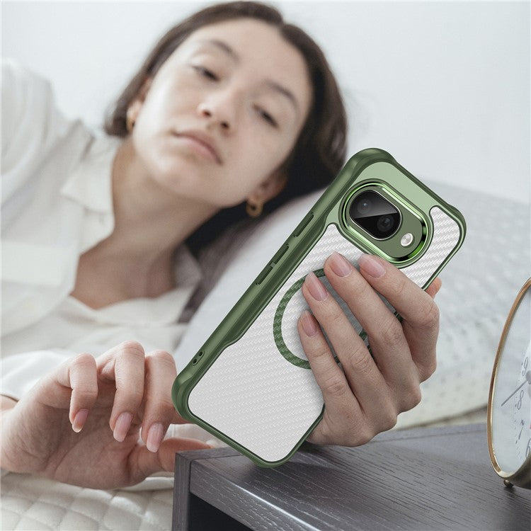 For Google Pixel 9a Case Compatible with MagSafe Hybrid Phone Cover Carbon Fiber - Green