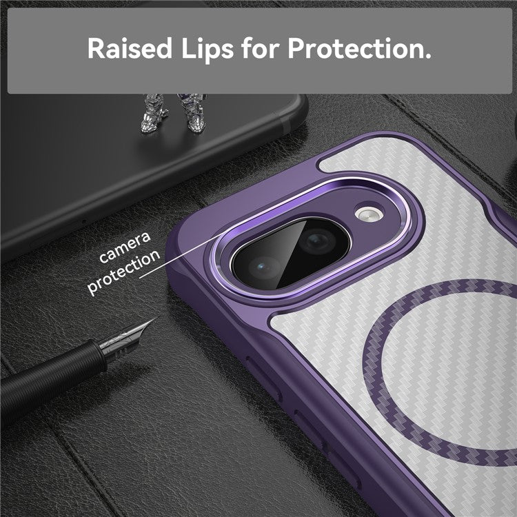 For Google Pixel 9a Case Compatible with MagSafe Hybrid Phone Cover Carbon Fiber - Purple