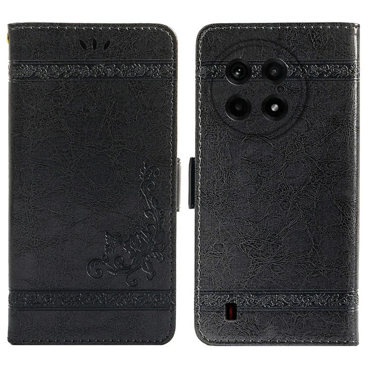 For OnePlus Ace 5 5G / Ace 5 Pro 5G Leather Case Flower Imprint Wallet Phone Cover with Side Buckle - Black