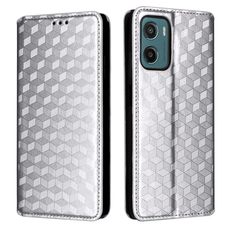 For Motorola Moto G05 4G  /  E15 4G Wallet Case Rhombus Imprinted Leather Phone Cover - Silver