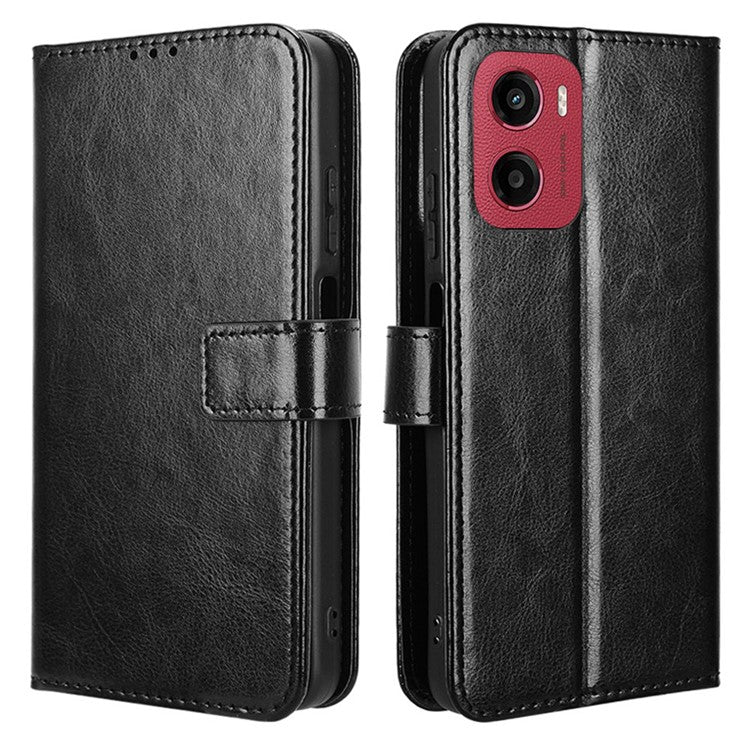 For Motorola Moto G05 4G  /  E15 4G Case Crazy Horse Texture PU Leather Phone Wallet Cover - Black