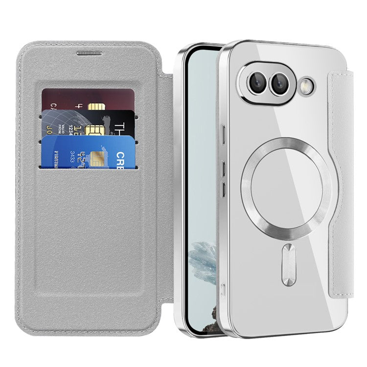 For Google Pixel 9a Case Compatible with MagSafe RFID Blocking Leather Phone Cover - Silver