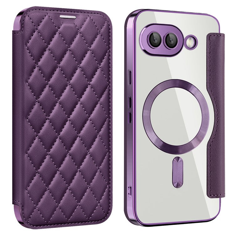 For Google Pixel 9a Case Compatible with MagSafe Rhombus PU Leather Phone Cover - Purple