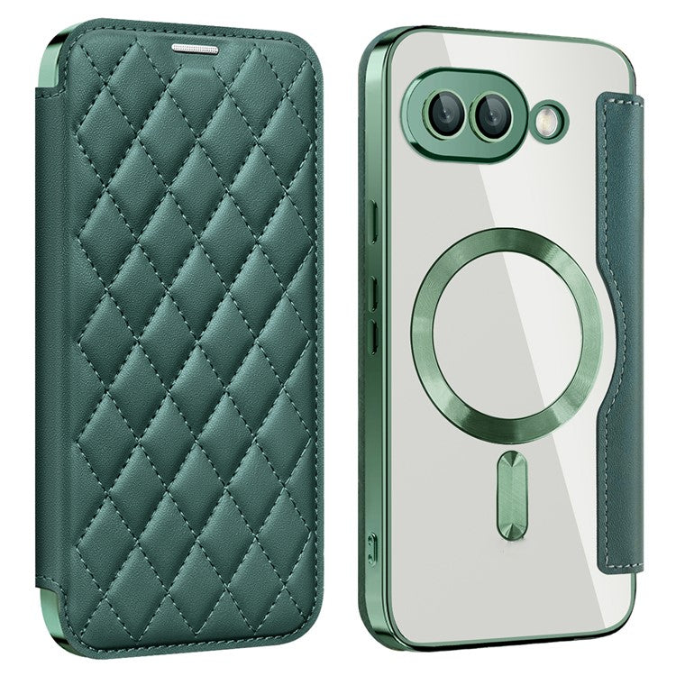 For Google Pixel 9a Case Compatible with MagSafe Rhombus PU Leather Phone Cover - Blackish Green