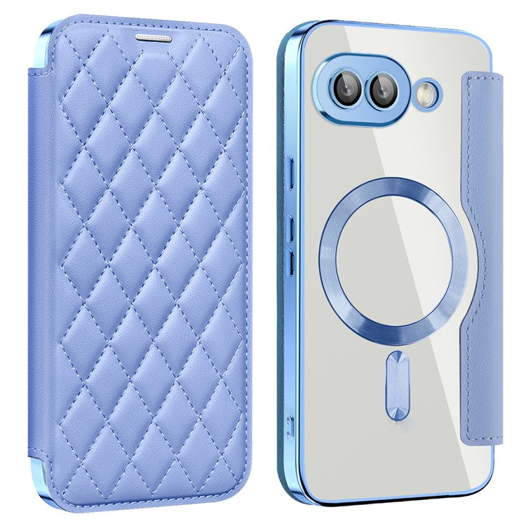 For Google Pixel 9a Case Compatible with MagSafe Rhombus PU Leather Phone Cover - Blue