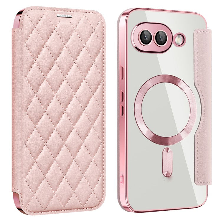 For Google Pixel 9a Case Compatible with MagSafe Rhombus PU Leather Phone Cover - Pink