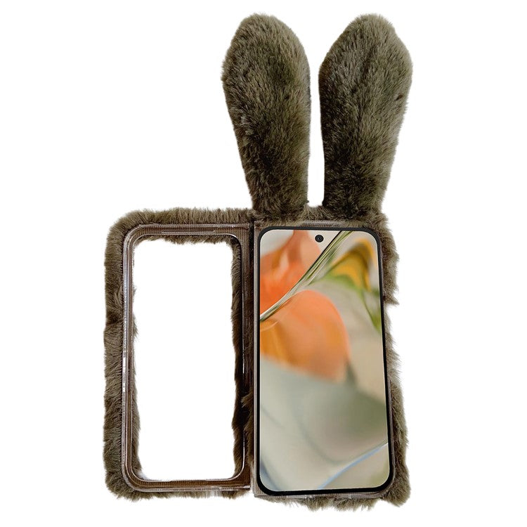 For Google Pixel 9 Pro Fold 5G Case Bunny Ears Winter Plush Soft TPU Phone Cover - White