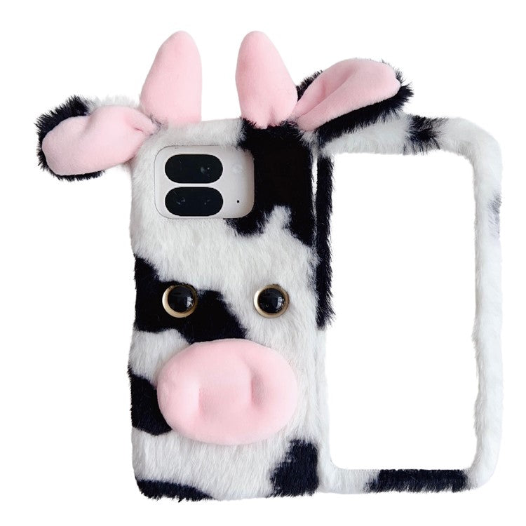 For Google Pixel 9 Pro Fold 5G Case Fluffy Cute Cow Winter Plush Inner TPU Phone Cover - Black