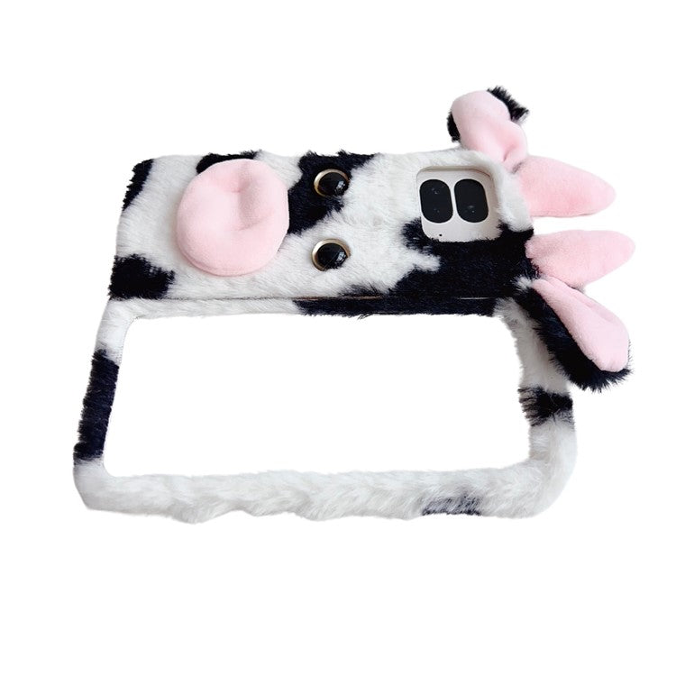 For Google Pixel 9 Pro Fold 5G Case Fluffy Cute Cow Winter Plush Inner TPU Phone Cover - Black