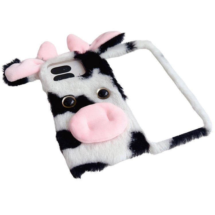 For Google Pixel 9 Pro Fold 5G Case Fluffy Cute Cow Winter Plush Inner TPU Phone Cover - Black