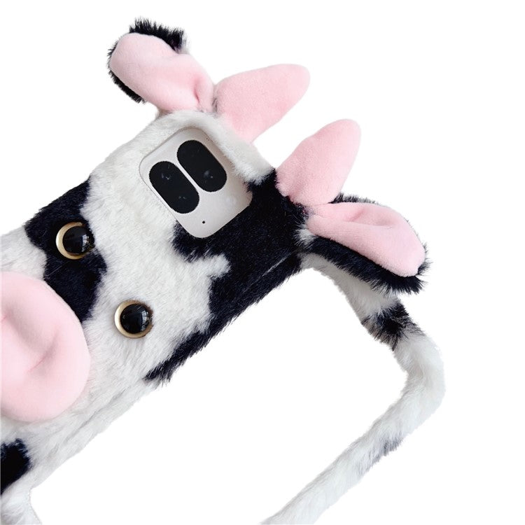 For Google Pixel 9 Pro Fold 5G Case Fluffy Cute Cow Winter Plush Inner TPU Phone Cover - Black