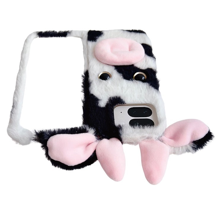 For Google Pixel 9 Pro Fold 5G Case Fluffy Cute Cow Winter Plush Inner TPU Phone Cover - Black