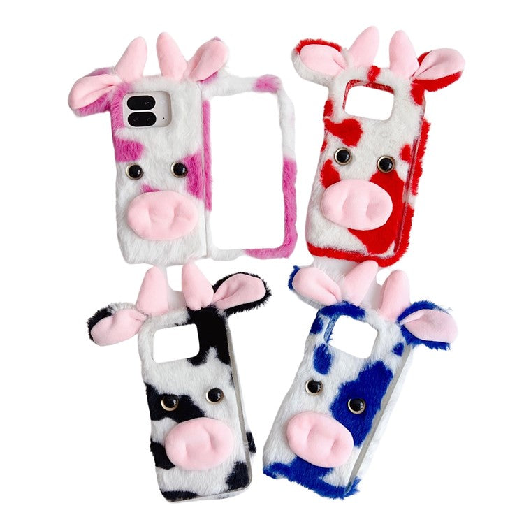 For Google Pixel 9 Pro Fold 5G Case Fluffy Cute Cow Winter Plush Inner TPU Phone Cover - Black