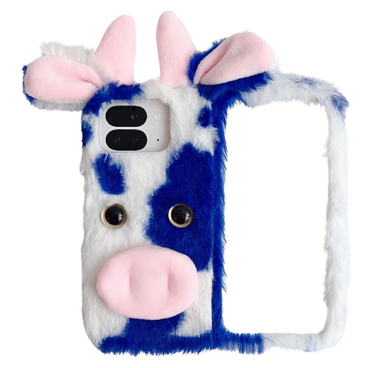 For Google Pixel 9 Pro Fold 5G Case Fluffy Cute Cow Winter Plush Inner TPU Phone Cover - Blue