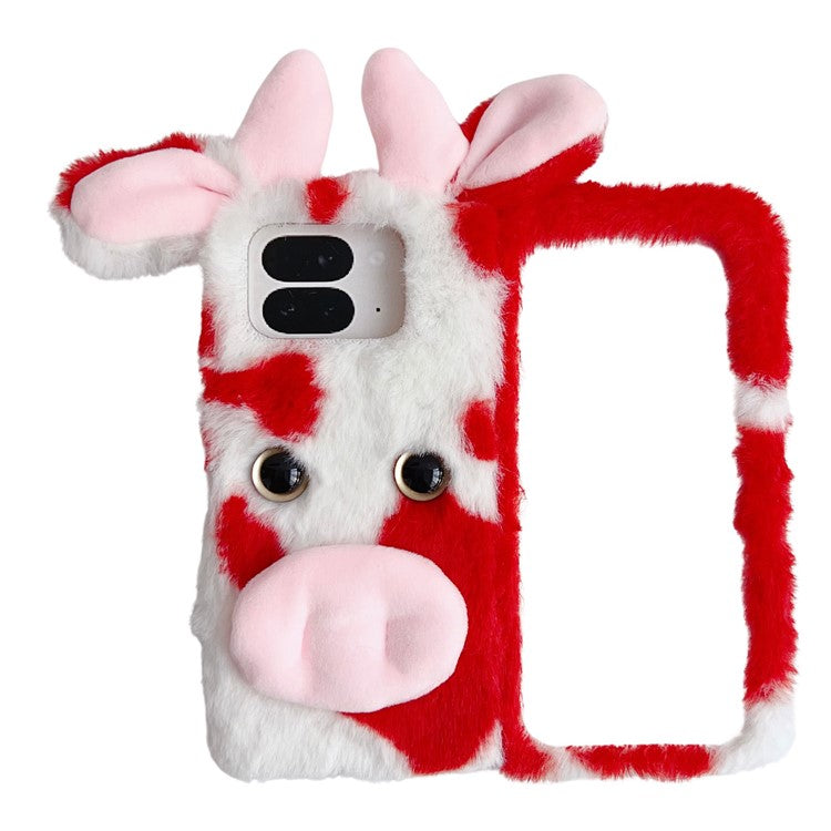 For Google Pixel 9 Pro Fold 5G Case Fluffy Cute Cow Winter Plush Inner TPU Phone Cover - Red