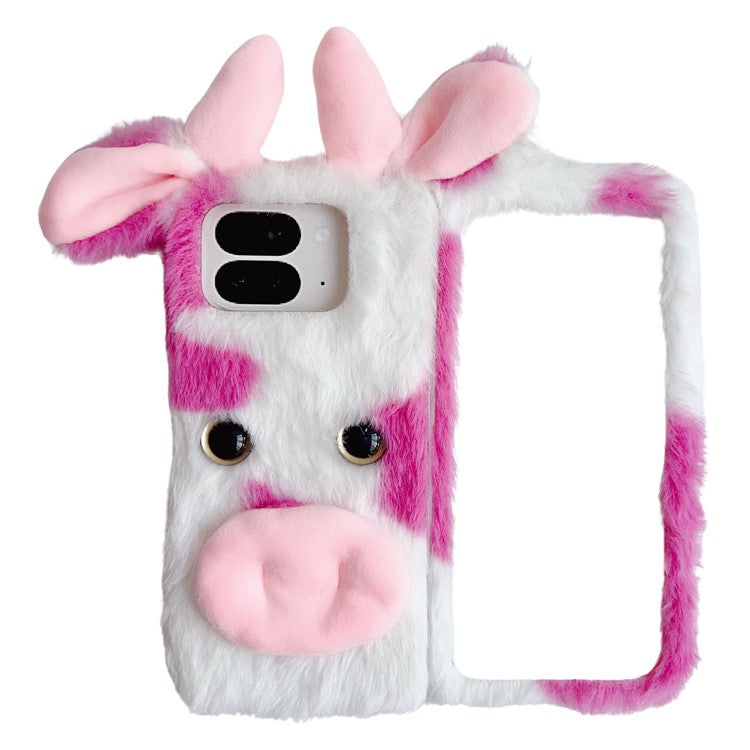 For Google Pixel 9 Pro Fold 5G Case Fluffy Cute Cow Winter Plush Inner TPU Phone Cover - Pink